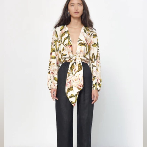 Mara Hoffman Gianna Tie Front Floral Top Cream Multi M - Picture 5 of 8